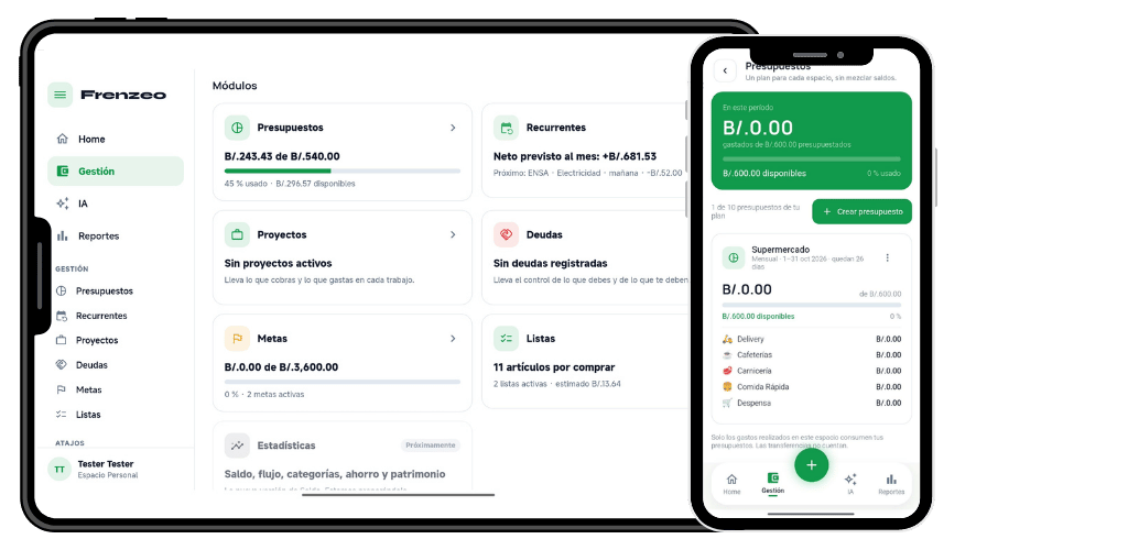 Frenzeo en tablet y móvil: módulos de presupuestos, recurrentes, proyectos, deudas, metas y listas